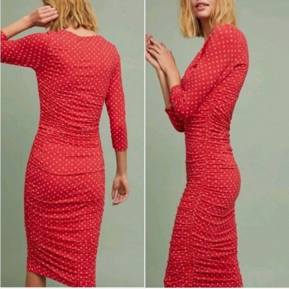 $148 NEW NWT Anthropologie Medea Ruched Column Dress XS red - Picture 6 of 10